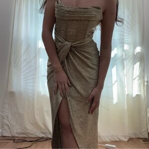 ShowPo Adrie Midi Dress  Strapless Corset Bodice Dress in Gold Sz 2
